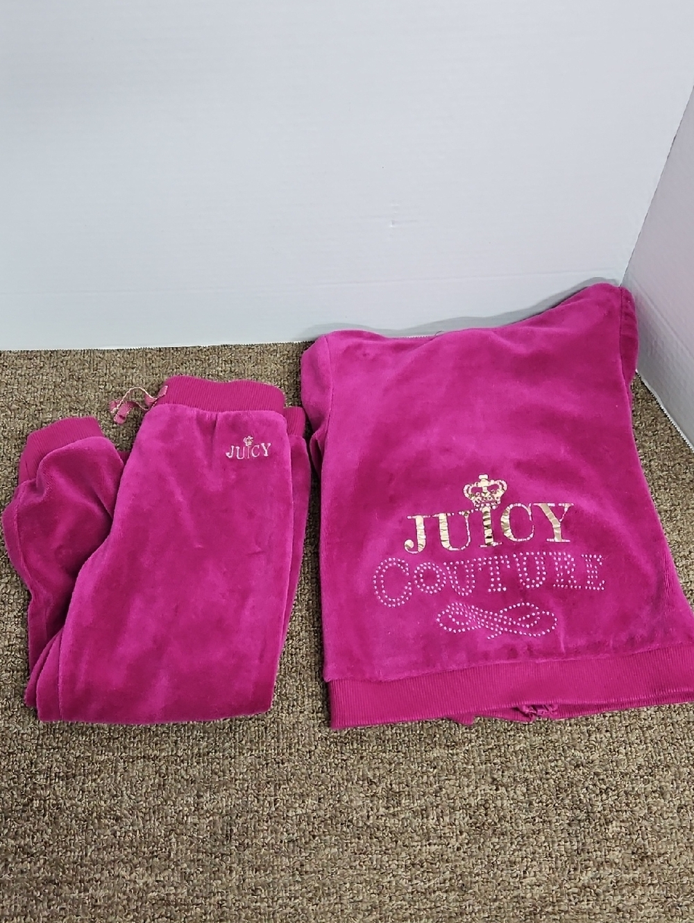 Juicy Couture Fushia Velour Hoodie & Pants Set Gold Bling Design Sz 3T Kids